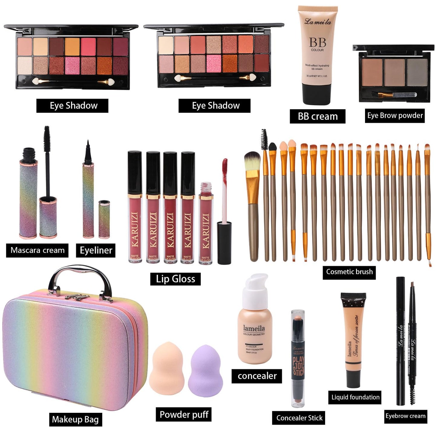 MTDXILTAI rainbow makeup kit fully opened displaying colorful eyeshadow palettes and lip glosses.