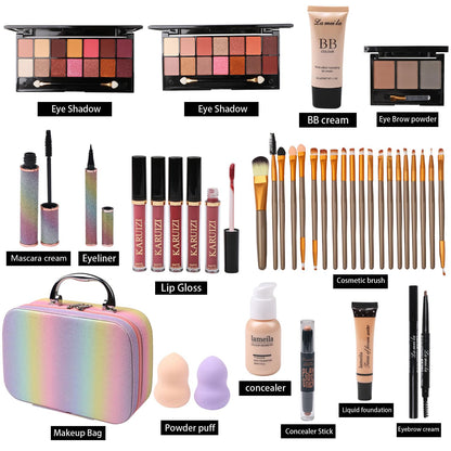 MTDXILTAI rainbow makeup kit fully opened displaying colorful eyeshadow palettes and lip glosses.