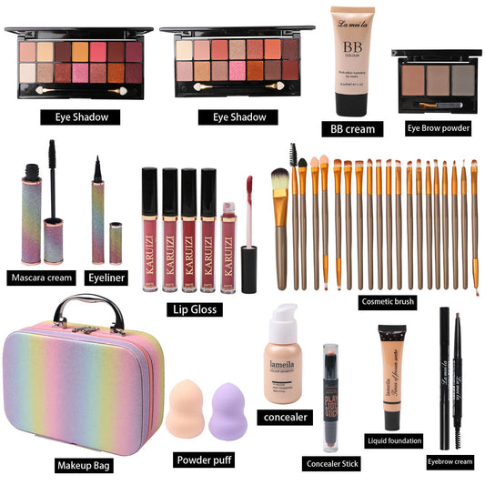 MTDXILTAI rainbow makeup kit fully opened displaying colorful eyeshadow palettes and lip glosses.