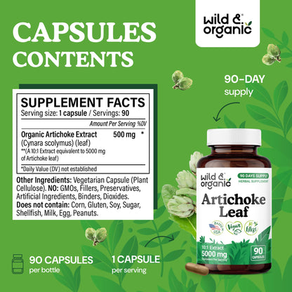 Authentic USA imported Wild And Organic Artichoke supplement label ingredients and vegan capsule certification.
