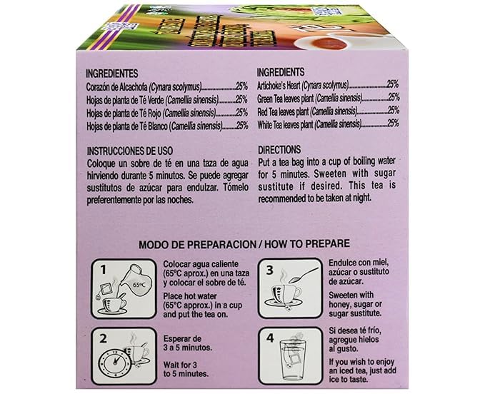 GN Vida Artichoke Tea 30 bags packaging showing natural ingredients list and nutritional information.