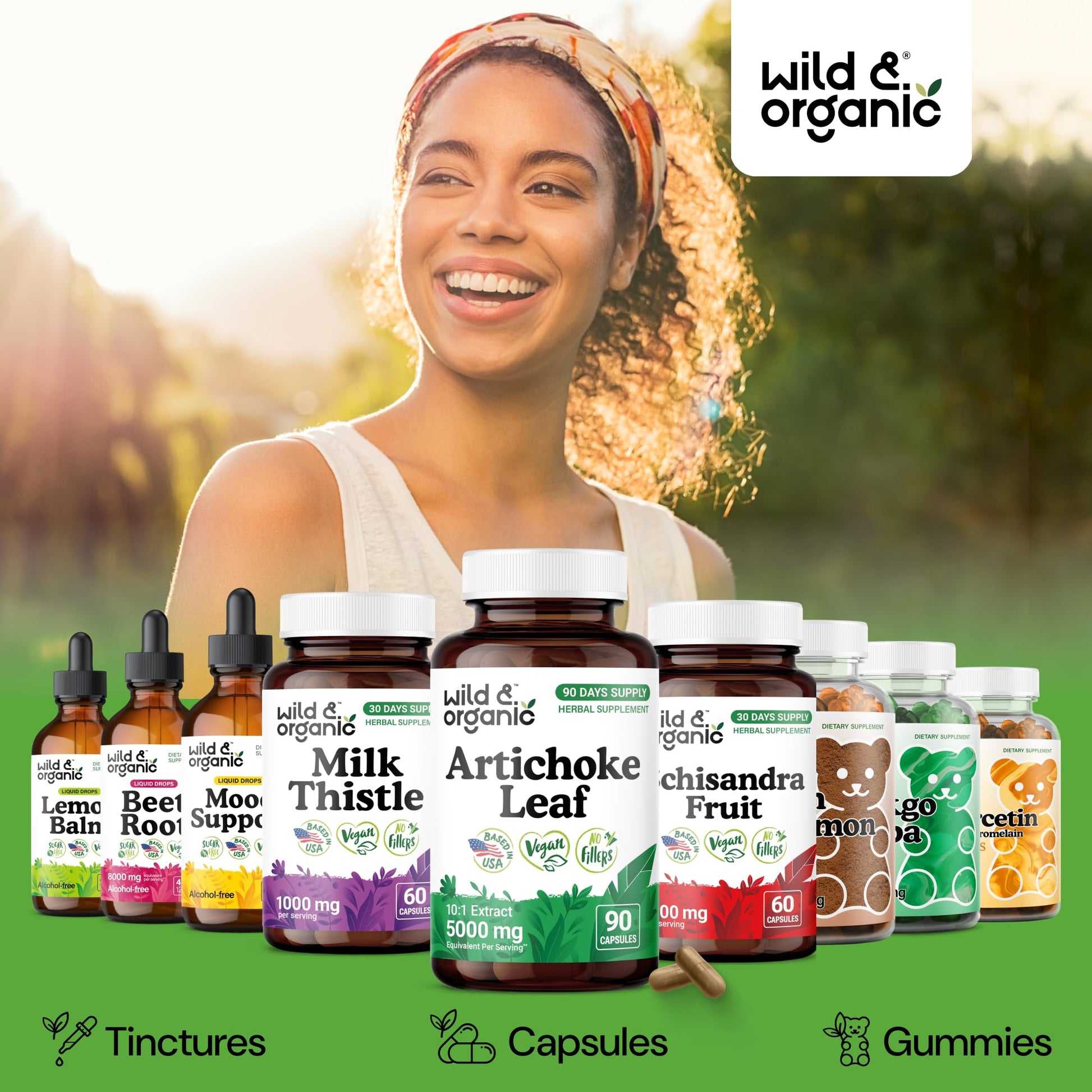 Wild And Organic plant based liver detox capsules showing nutrition facts on the back label.