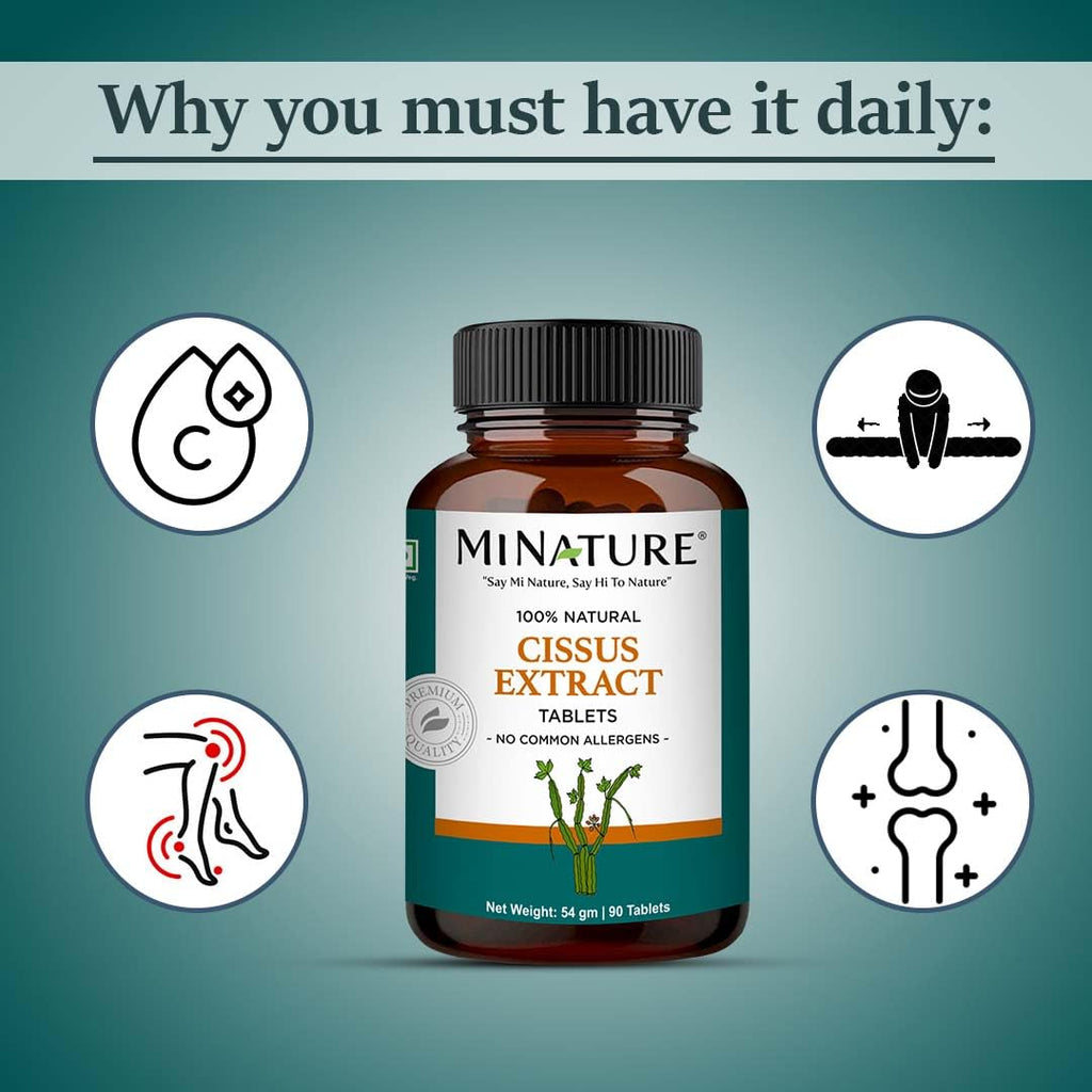Mi Nature Cissus joint flexibility and bone strength supplement bottle resting on clean surface.
