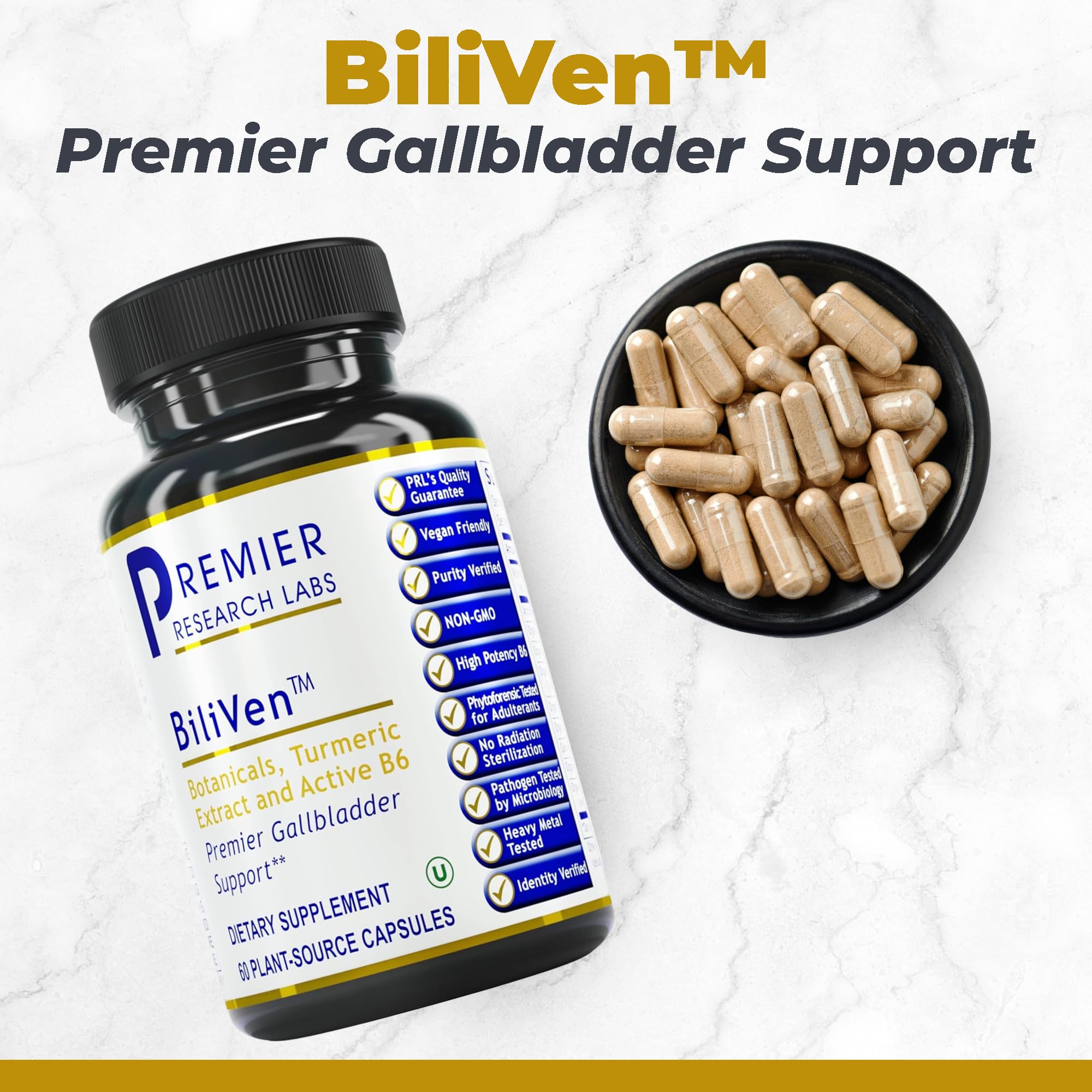Premier Research Labs BiliVen sixty vegetarian capsules side label showing clean plant sourced ingredients.