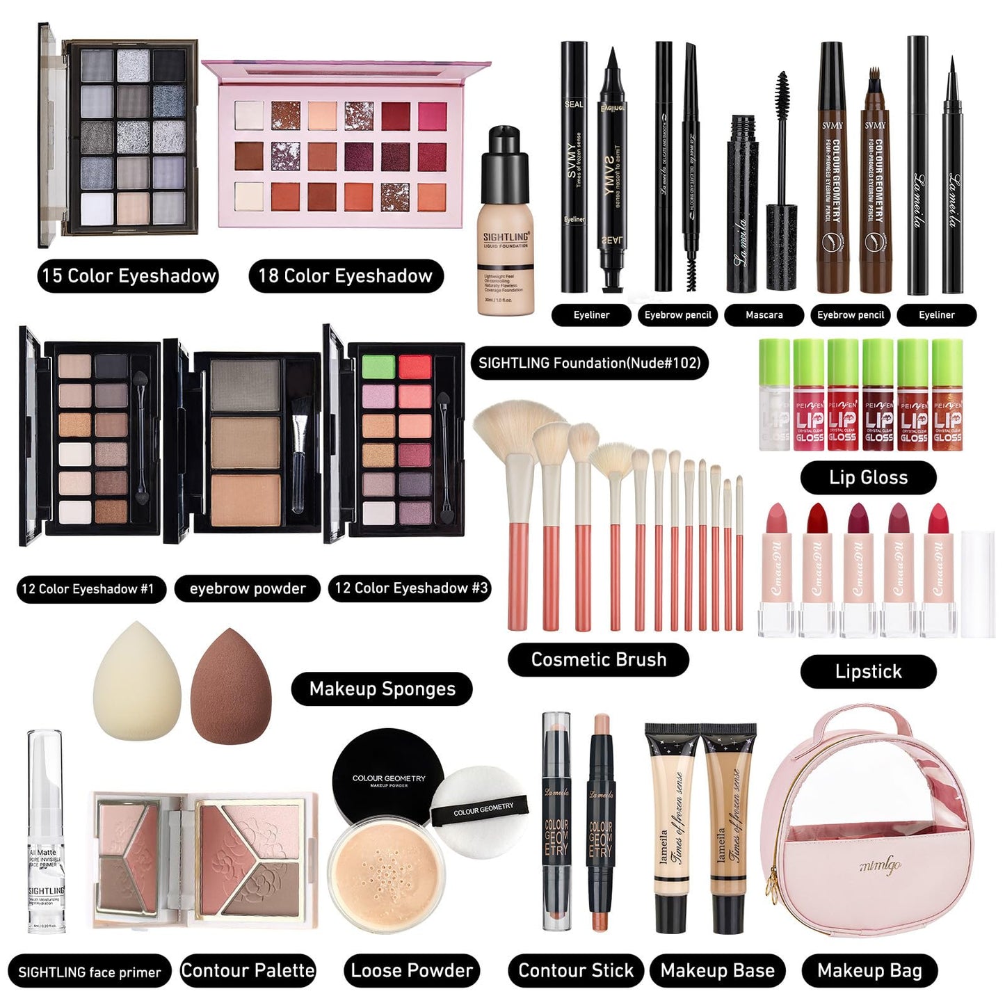 Sightling cosmetic set displaying liquid foundation and multi shade eyeshadow palette