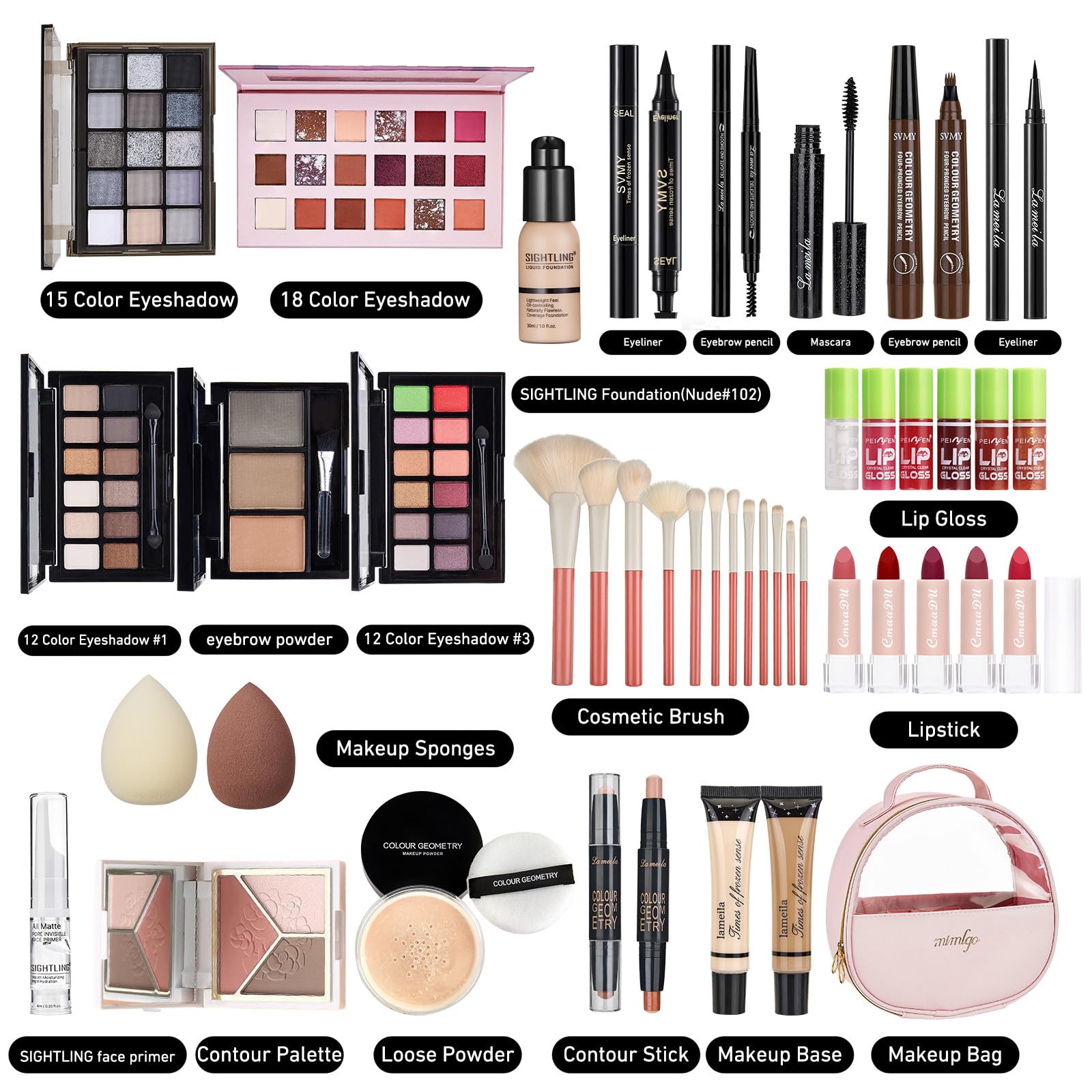 Sightling cosmetic set displaying liquid foundation and multi shade eyeshadow palette