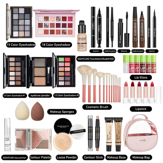 Sightling cosmetic set displaying liquid foundation and multi shade eyeshadow palette