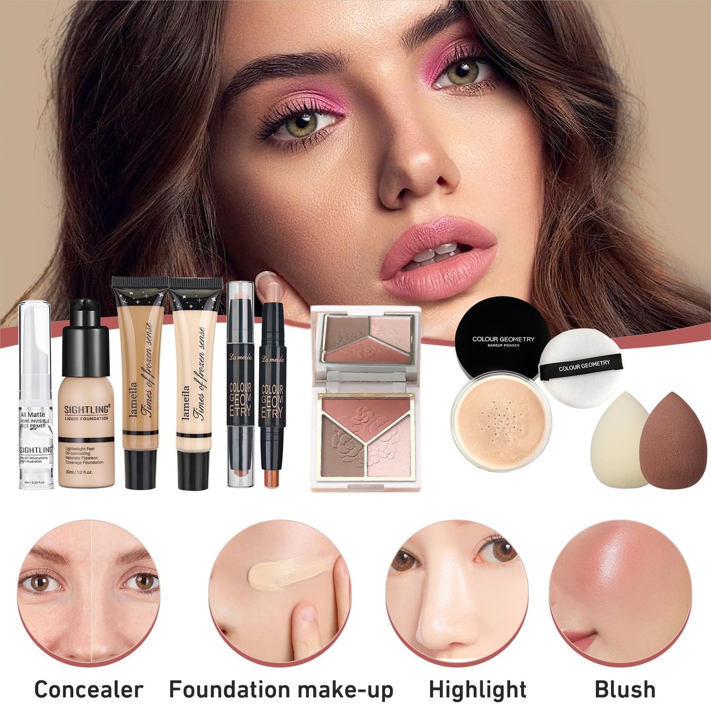 Sightling full face cosmetic collection with professional makeup brushes and mascara