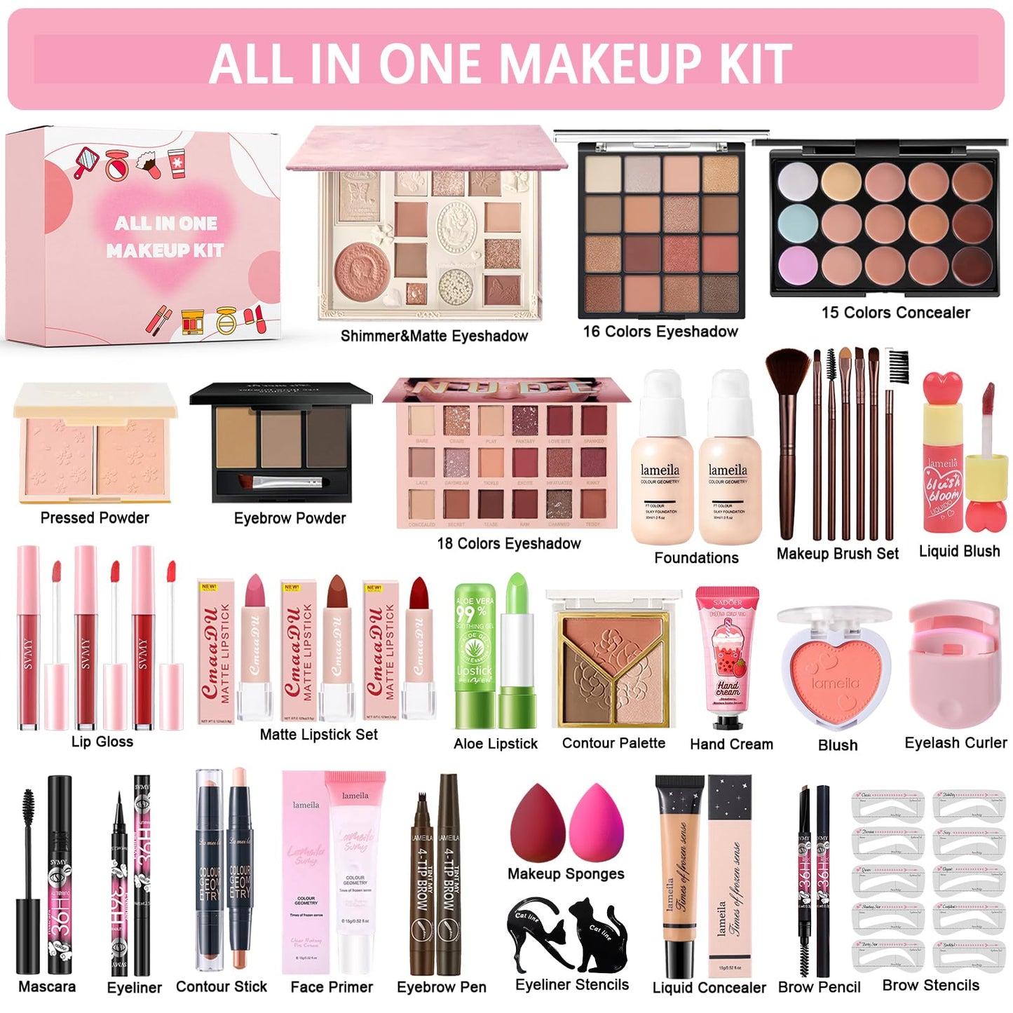 Geyomi full face cosmetic bundle displaying open eyeshadow palette and lipsticks