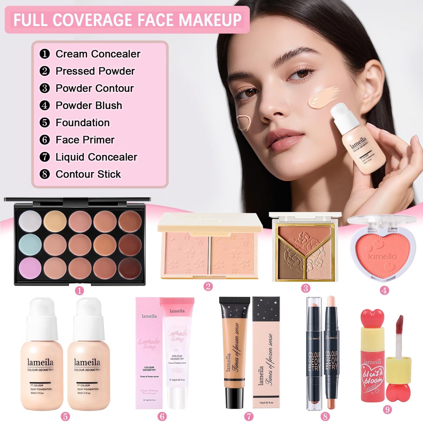 Geyomi travel makeup set featuring medium to full coverage liquid foundation