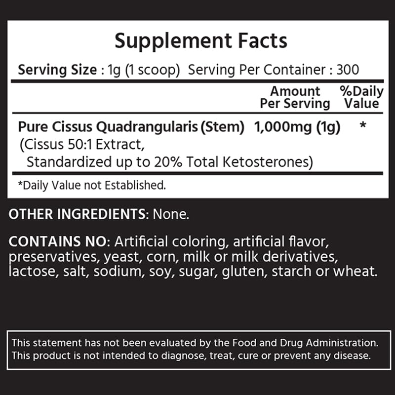 ML Naturals Cissus Quadrangularis powder packaging detailing the 50 to 1 concentration ratio.