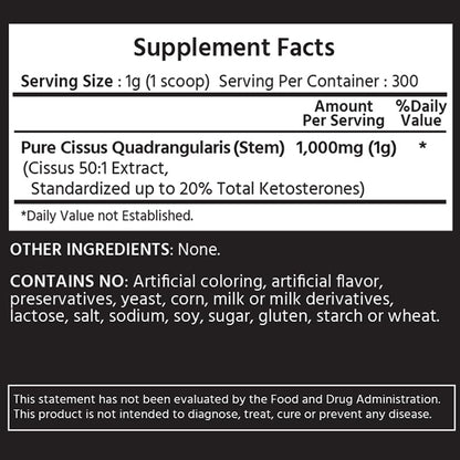 ML Naturals Cissus Quadrangularis powder packaging detailing the 50 to 1 concentration ratio.