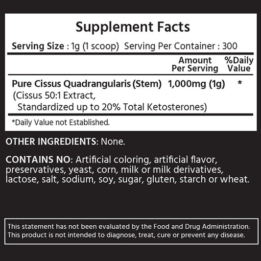 ML Naturals Cissus Quadrangularis powder packaging detailing the 50 to 1 concentration ratio.