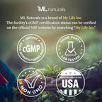 USA manufactured premium joint support powder seal of cGMP compliance on ML Naturals bottle.