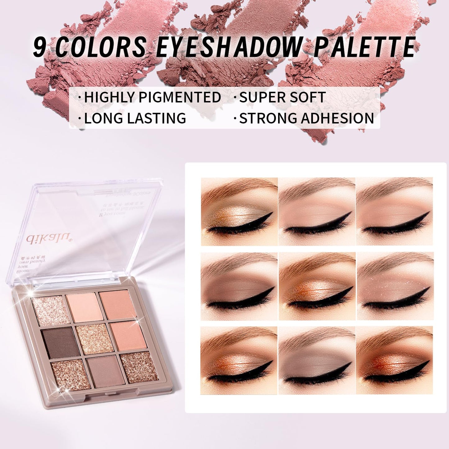 YBUETE Nine Color Eyeshadow Palette with matte and shimmer shades open for display.