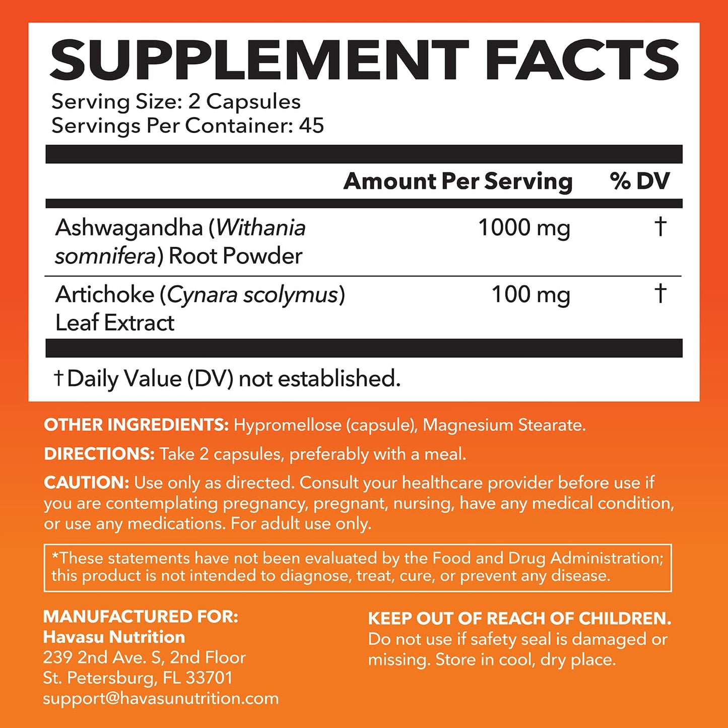 Havasu Nutrition Ashwagandha with Artichoke Extract supplement facts panel showing ingredient dosages