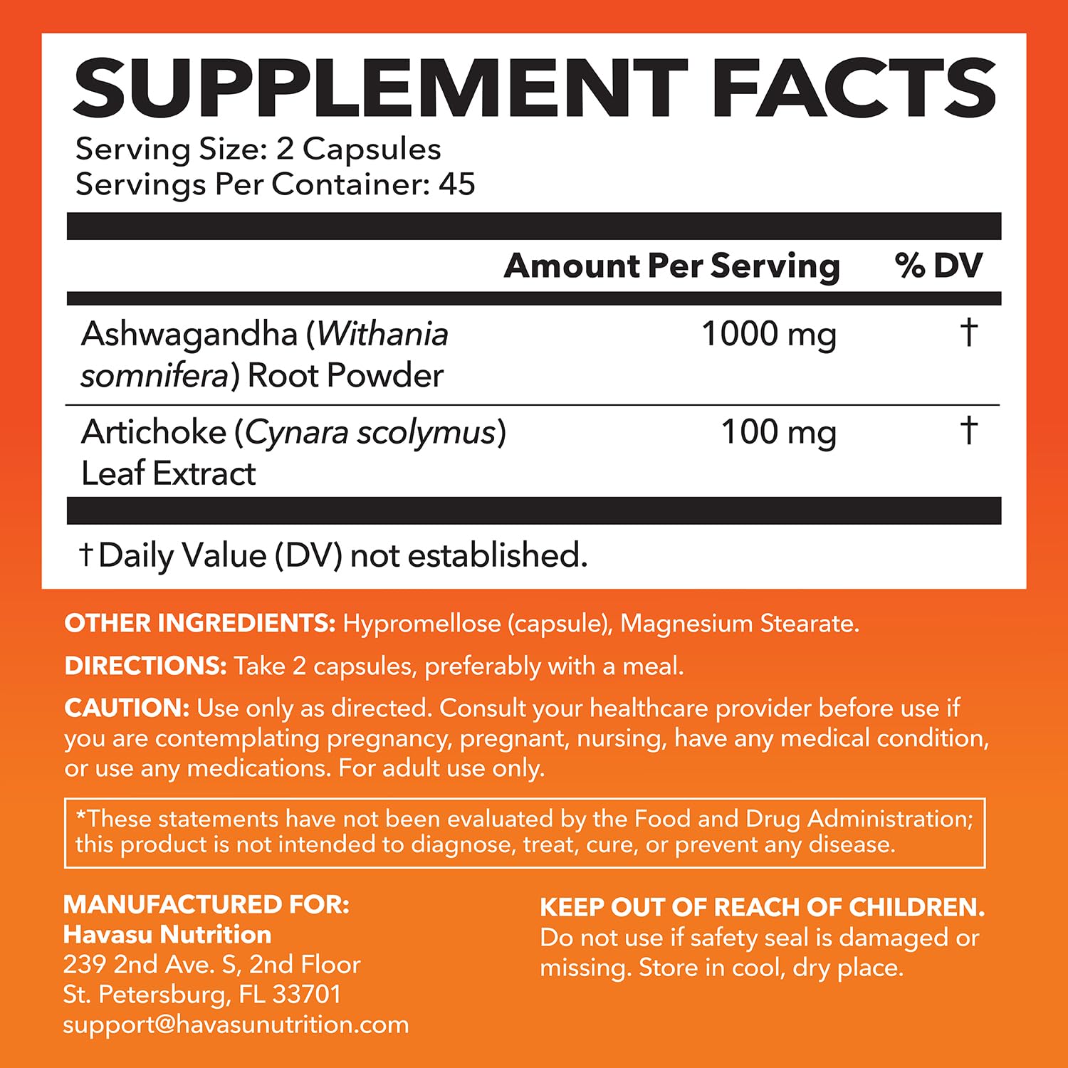 Havasu Nutrition Ashwagandha with Artichoke Extract supplement facts panel showing ingredient dosages