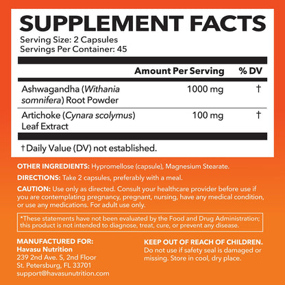 Havasu Nutrition Ashwagandha with Artichoke Extract supplement facts panel showing ingredient dosages