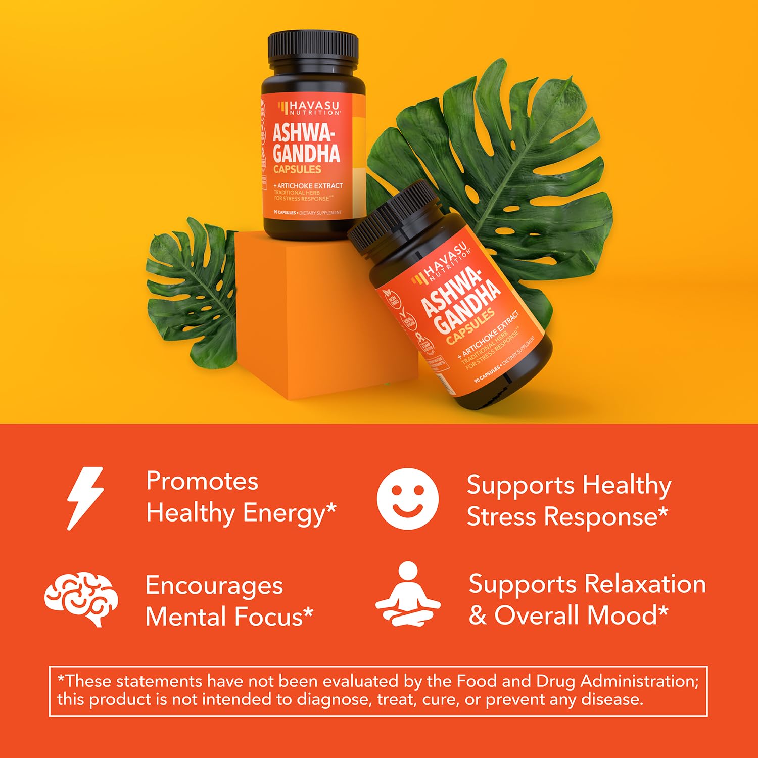 Authentic Havasu Nutrition mood support supplement bottle showing non GMO and GMP facility certifications