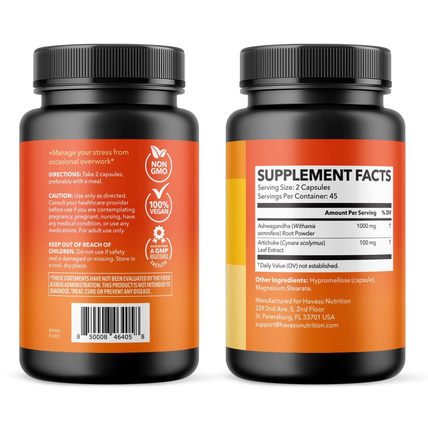 Havasu Nutrition Ashwagandha bottle showcasing its 100 percent vegan forty five day supply