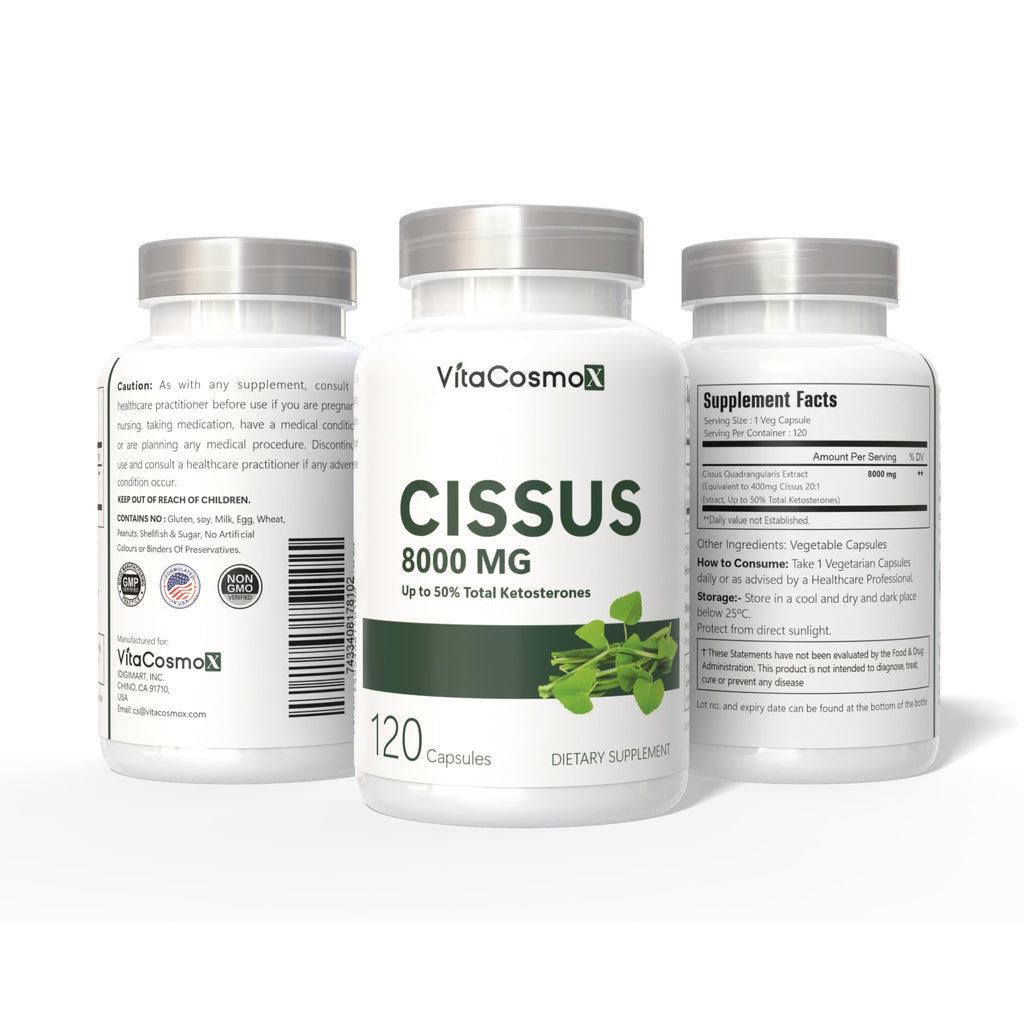 Side label of authentic USA imported Cissus dietary supplement with ingredient details