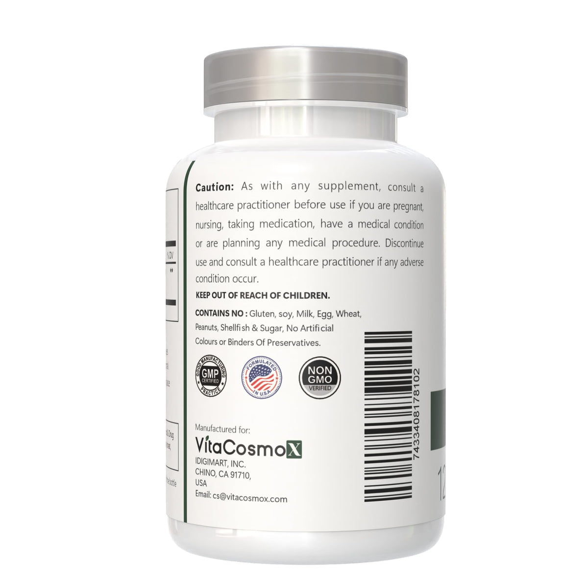 Non-GMO and gluten-free certifications printed clearly on the back of the health supplement bottle