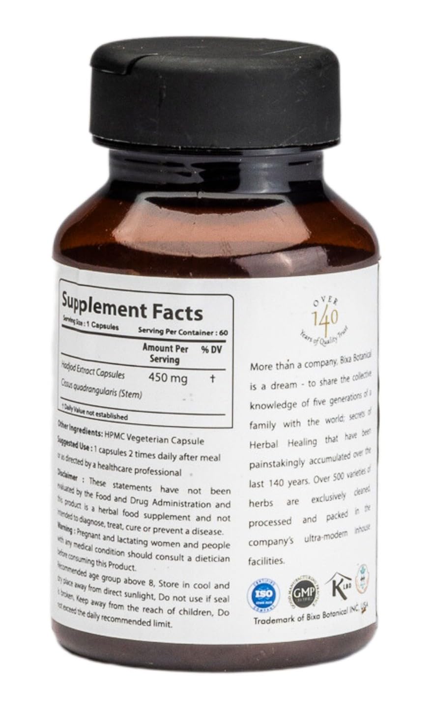 Bixa Botanical Hadjod 450mg vegetarian capsules supplement label detailing 2.5 percent 3-keto steroids.