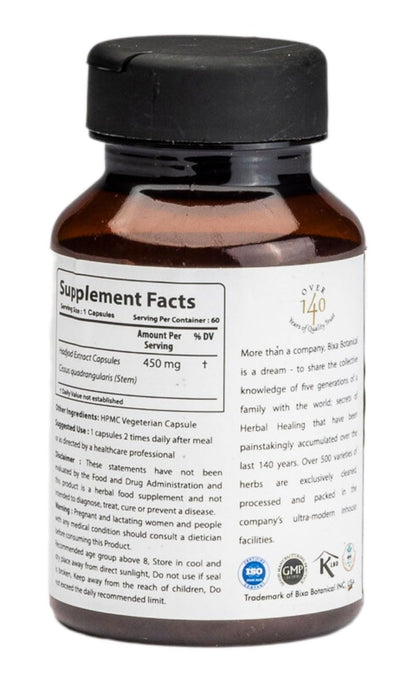 Bixa Botanical Hadjod 450mg vegetarian capsules supplement label detailing 2.5 percent 3-keto steroids.