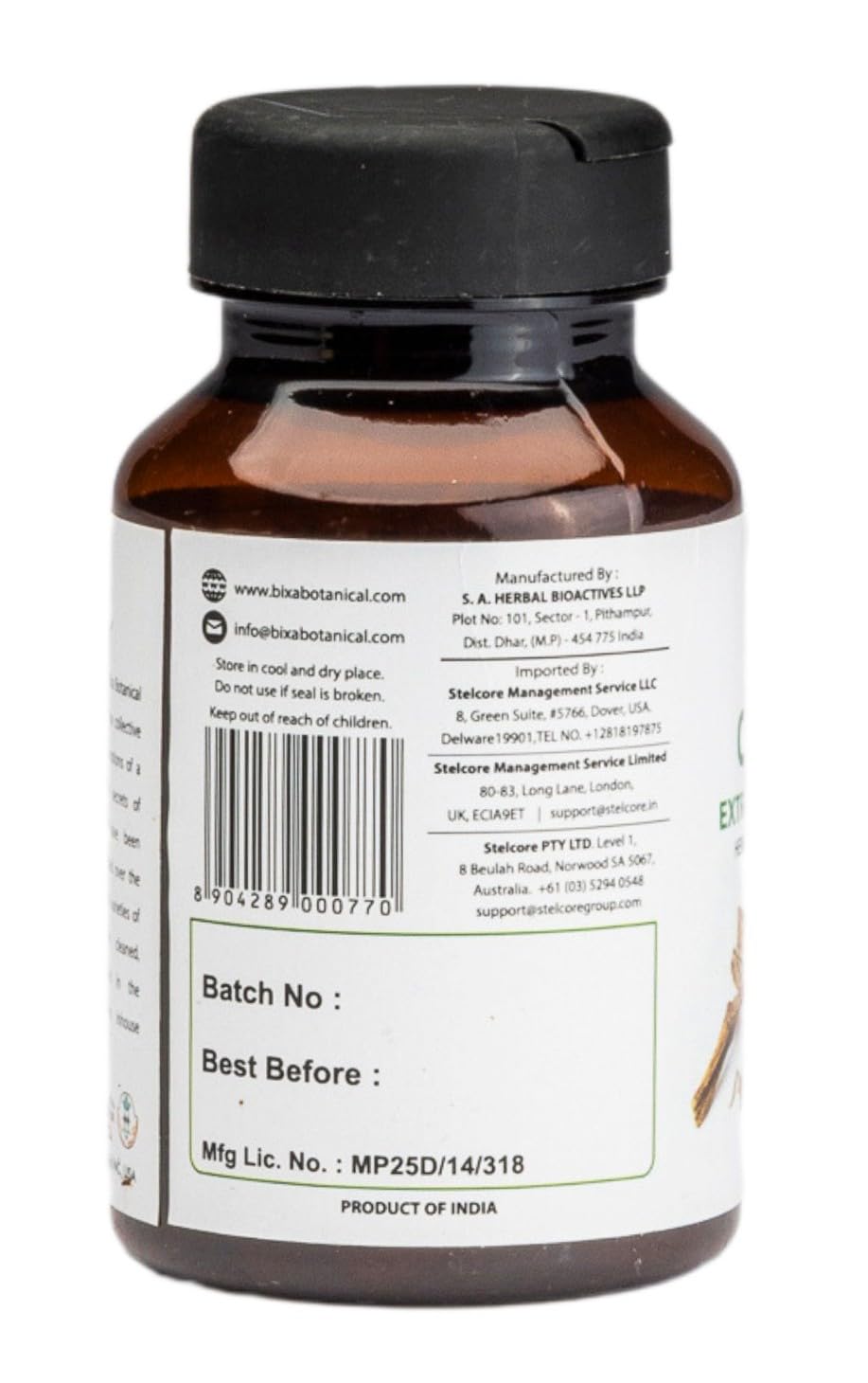 Premium USA imported Bixa Botanical Cissus quadrangularis joint and cartilage support capsules container side panel view.