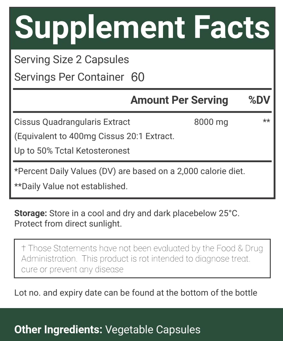 Nutritional facts panel display for VitaCosmoX 8000 mg standardized ketosterones serving size