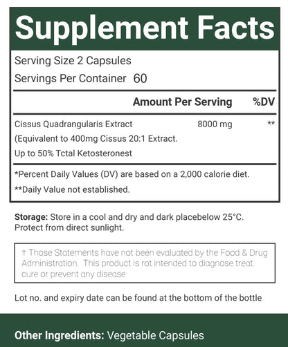Nutritional facts panel display for VitaCosmoX 8000 mg standardized ketosterones serving size