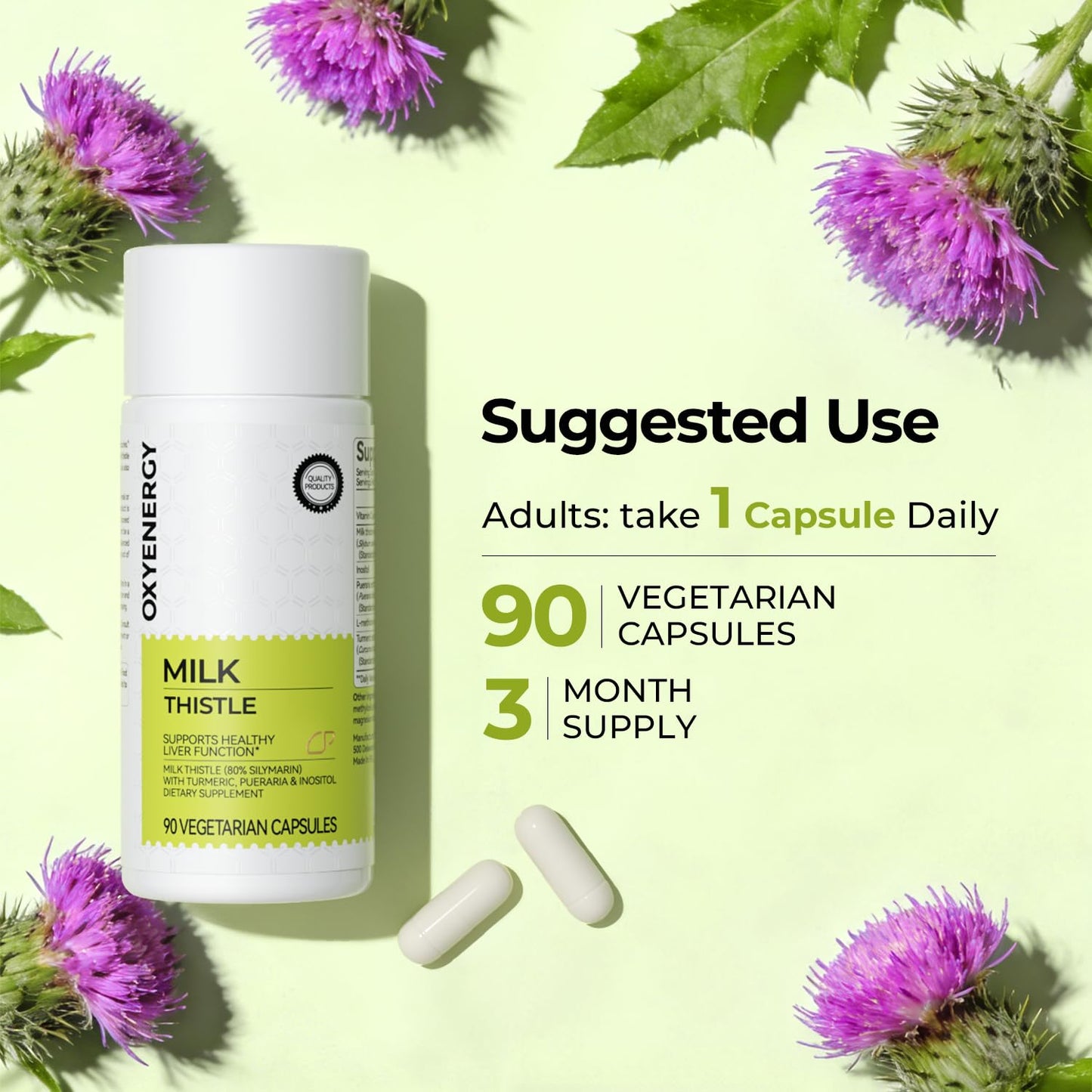 OxyEnergy Milk Thistle ninety vegetarian capsules bottle displayed on a clean wellness background.