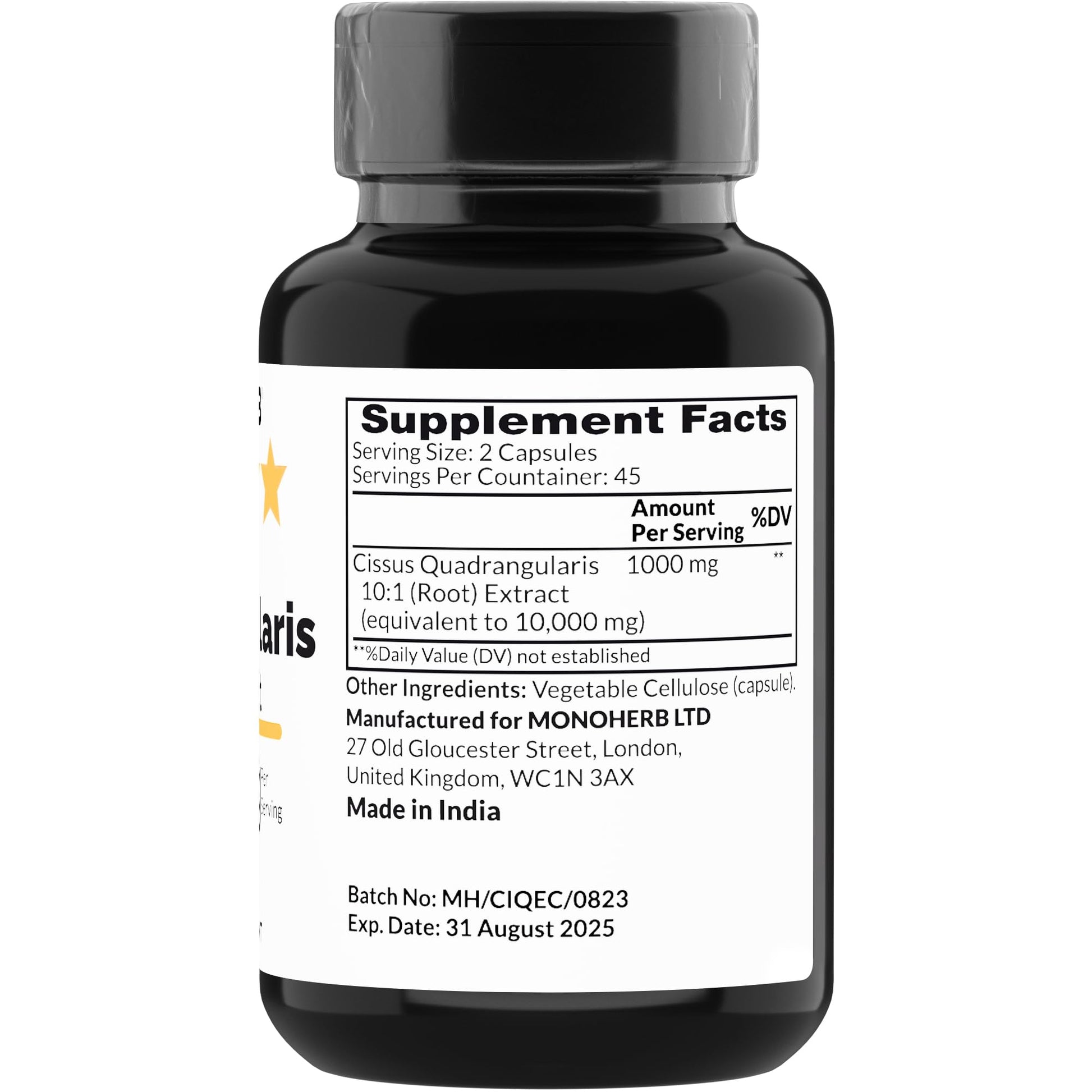 Monoherb Hadjod extract 1000 mg vegetarian capsules supplement facts and label information.