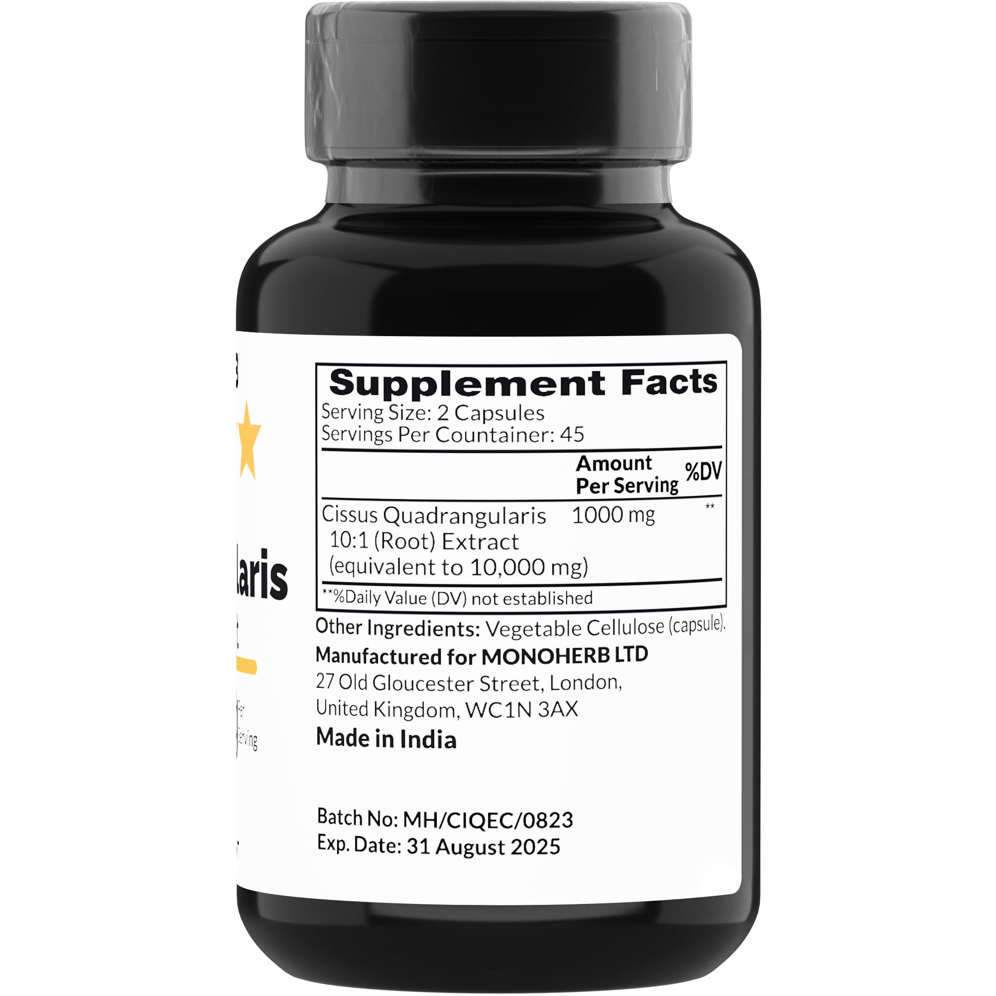 Monoherb Hadjod extract 1000 mg vegetarian capsules supplement facts and label information.