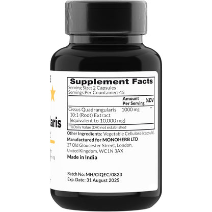 Monoherb Hadjod extract 1000 mg vegetarian capsules supplement facts and label information.