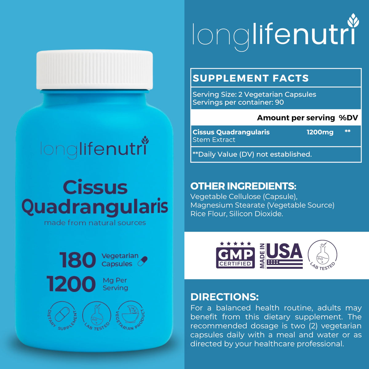 LongLifeNutri herbal bone supplement showing 180 vegetarian capsules label details.