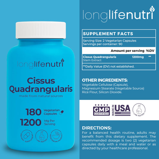 LongLifeNutri herbal bone supplement showing 180 vegetarian capsules label details.