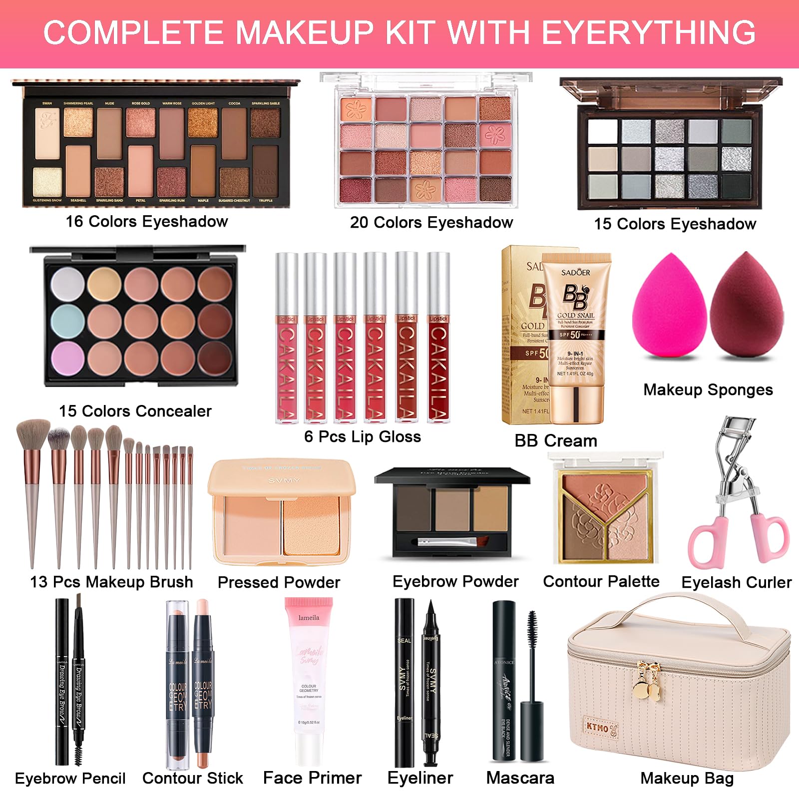 SHELAKIN full makeup set for women showcasing earth tone and pink eyeshadow palettes