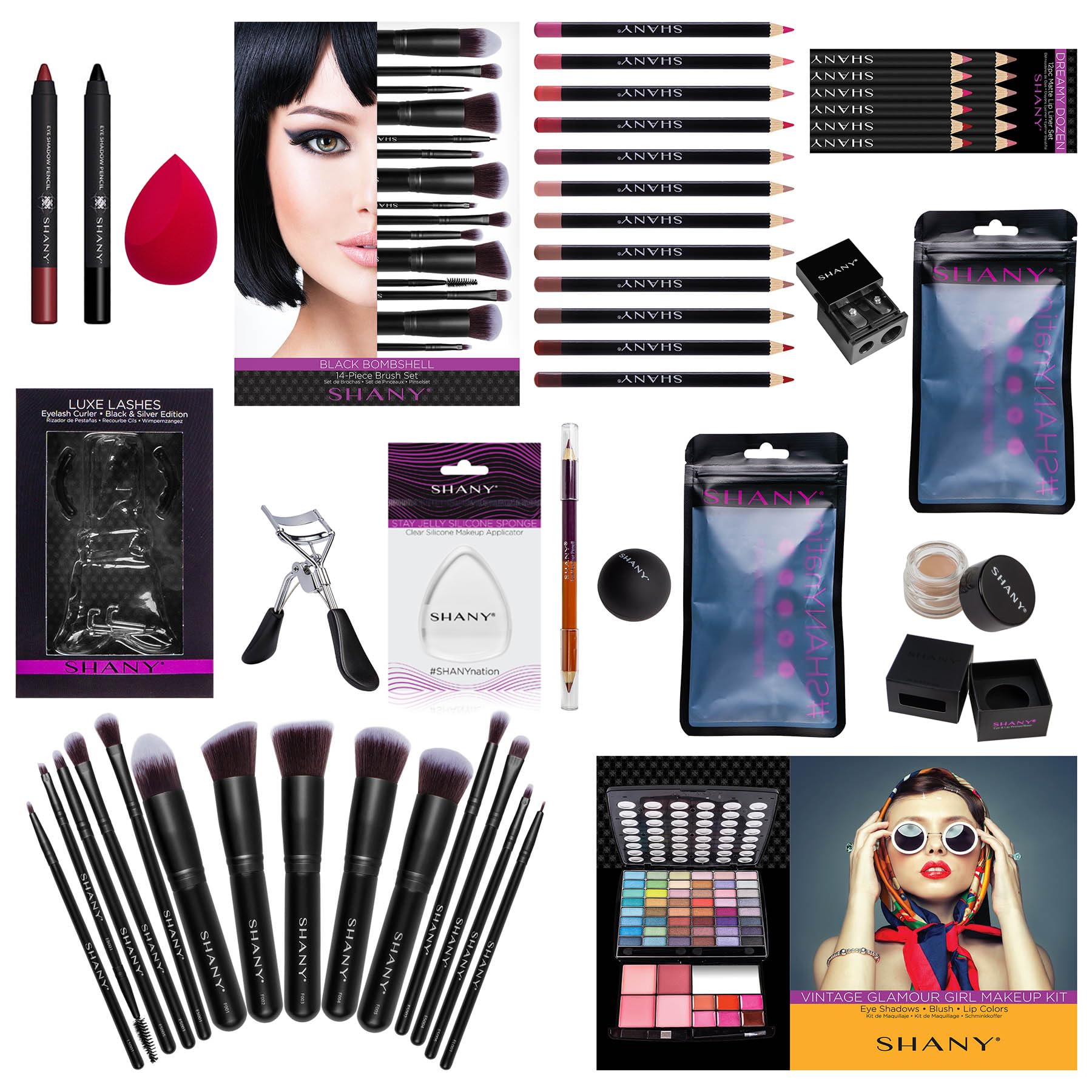 SHANY holiday makeup set unboxed showcasing a multi colored compact eyeshadow palette and professional brushes.