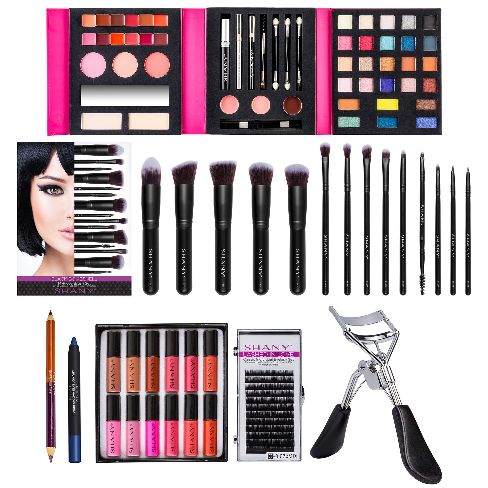 Detailed view of the professional cosmetics brushes and beauty tools included in the SHANY surprise makeup box.