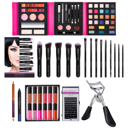 Detailed view of the professional cosmetics brushes and beauty tools included in the SHANY surprise makeup box.