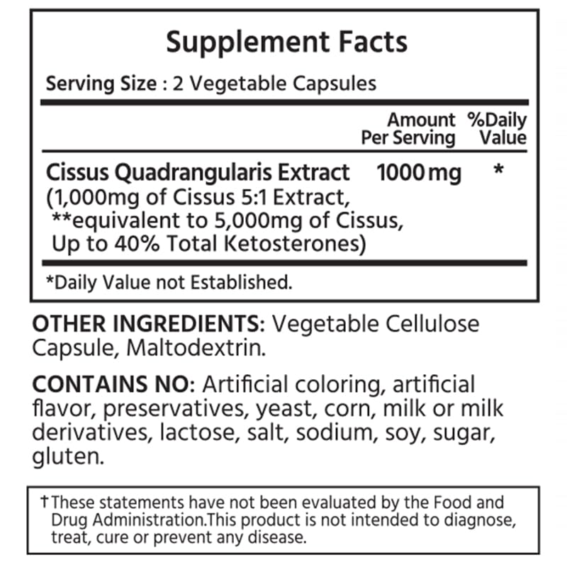 ML Naturals Cissus Quadrangularis 120 vegetable capsules supplement label details