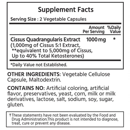 ML Naturals Cissus Quadrangularis 120 vegetable capsules supplement label details