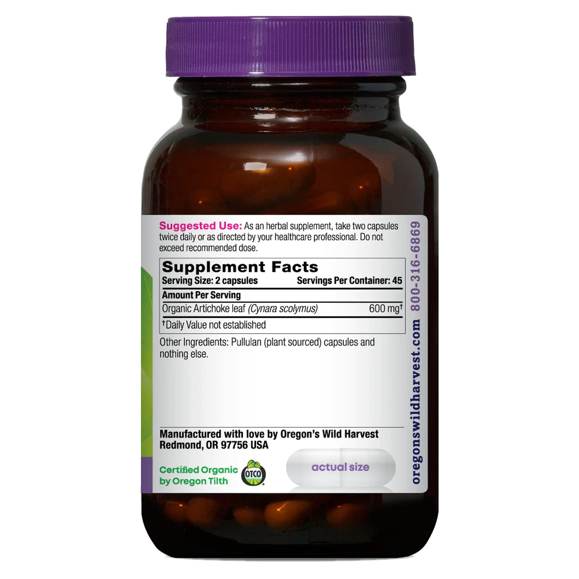 Oregon's Wild Harvest Artichoke leaf capsules bottle showing USDA organic certification label
