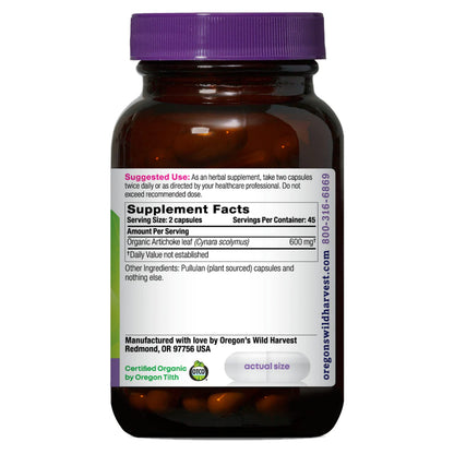 Oregon's Wild Harvest Artichoke leaf capsules bottle showing USDA organic certification label