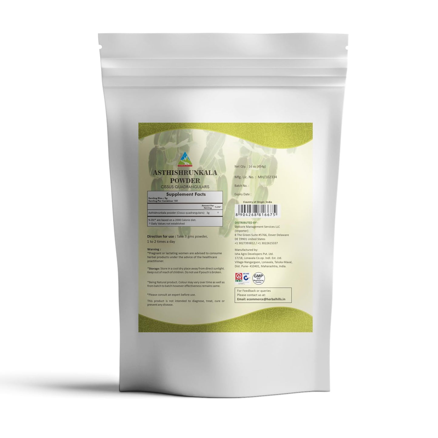 Herbal Hills Cissus Quadrangularis pure herbal powder dietary supplement label details.