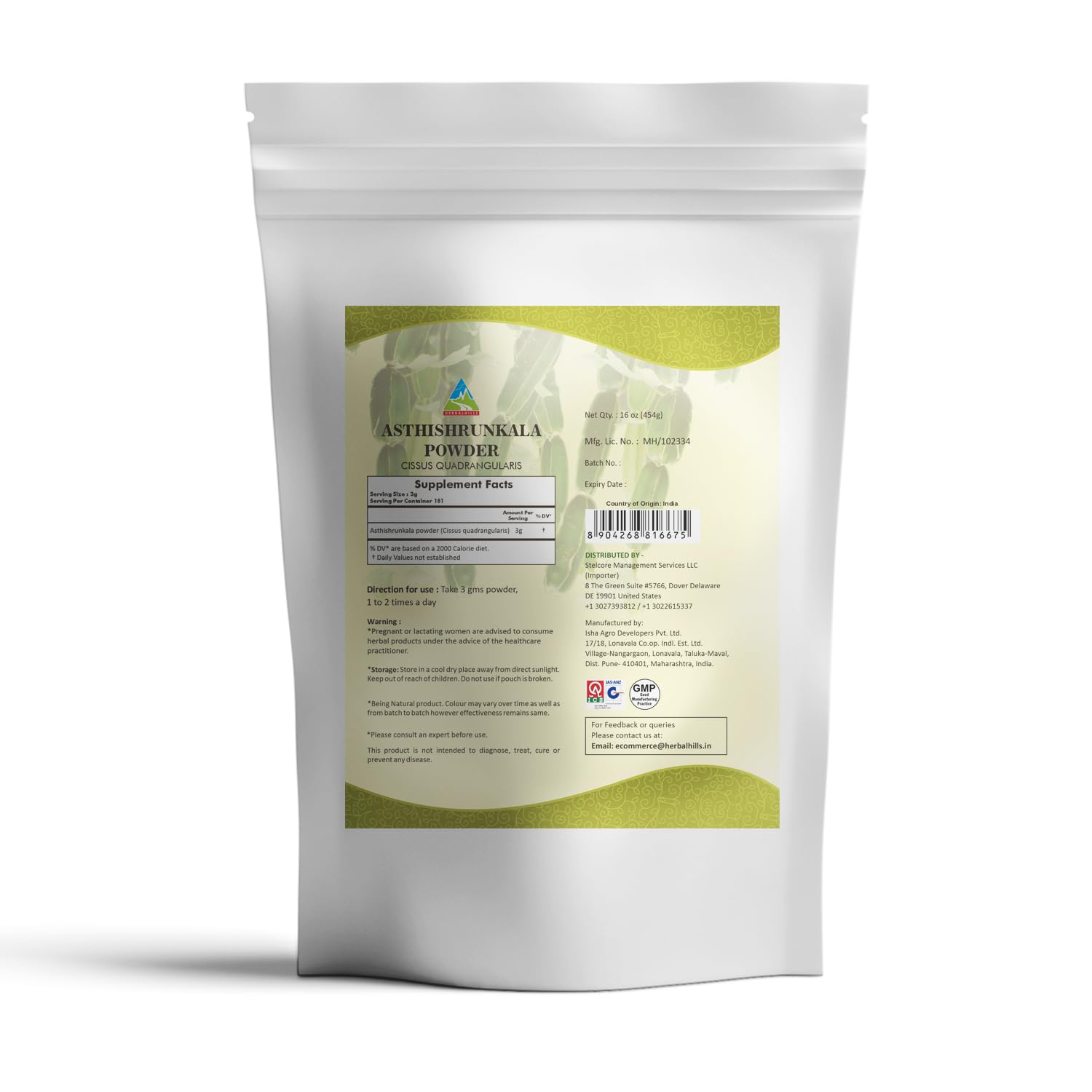 Herbal Hills Cissus Quadrangularis pure herbal powder dietary supplement label details.
