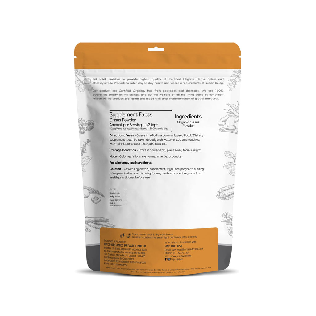 Just Jaivik Hadjod Cissus quadrangularis organic powder packaging displaying USDA organic certification seal.