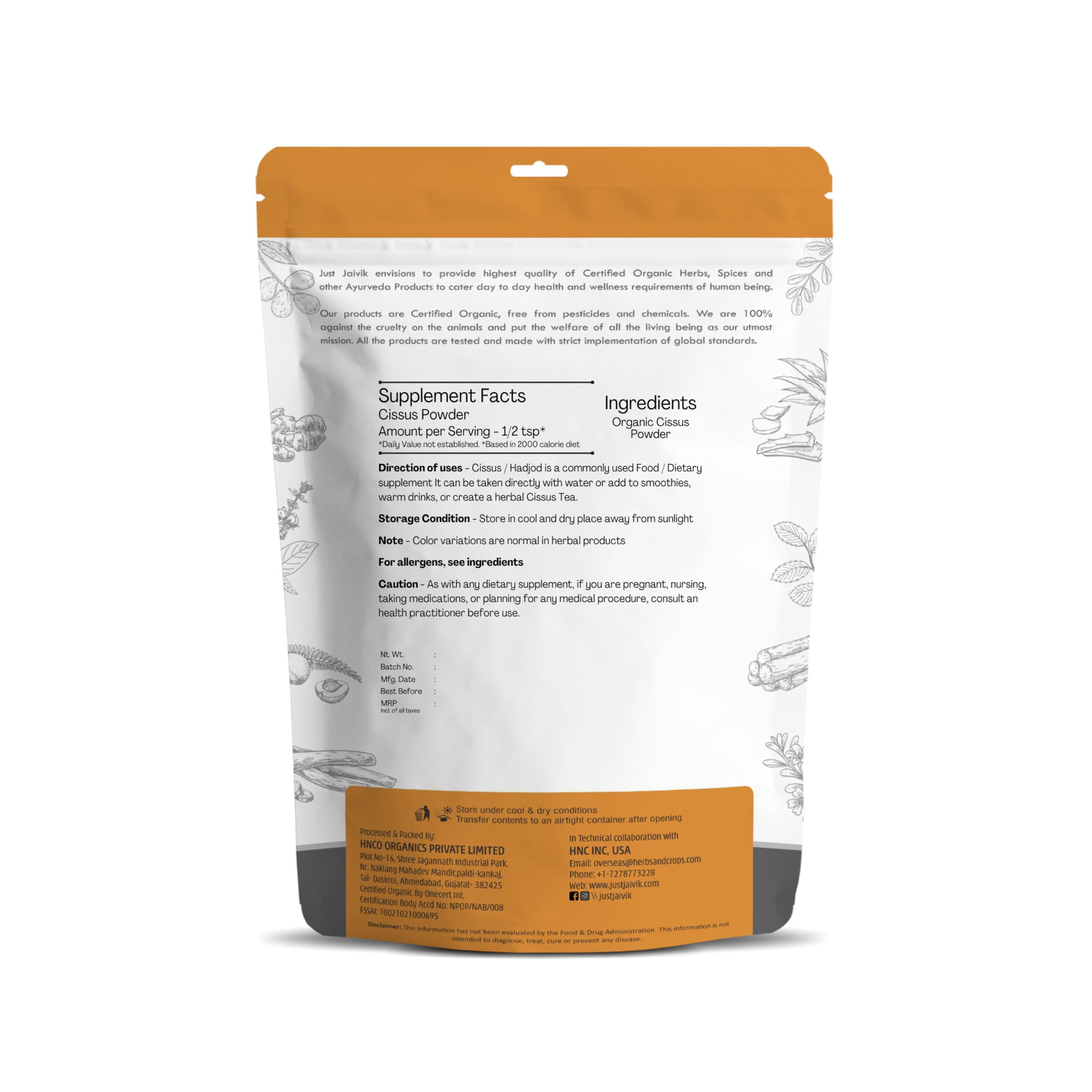 Just Jaivik Hadjod Cissus quadrangularis organic powder packaging displaying USDA organic certification seal.