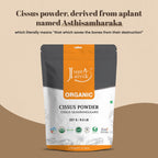 Back label of Just Jaivik Organic Cissus Powder detailing product ingredients and purity standards.